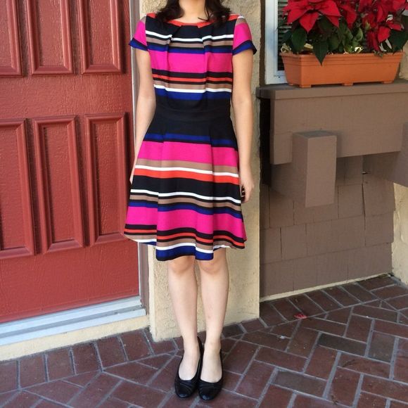 ELLE Multicolored Horizontal Striped Fit and Flare Dress Size S - Picture 12 of 12